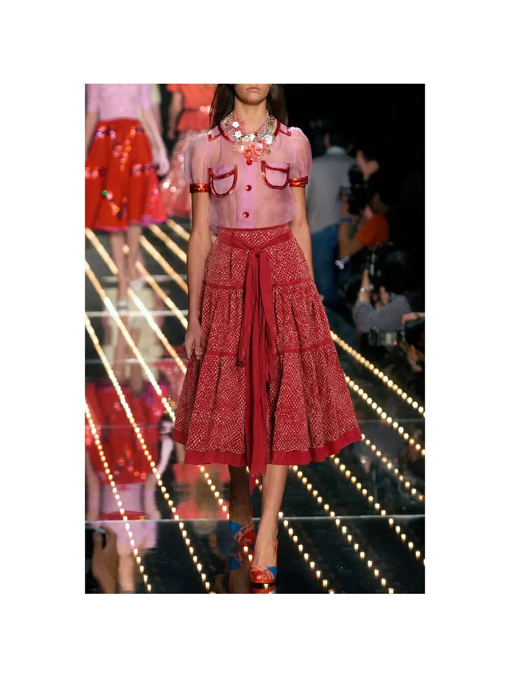 Vintage LOUIS VUITTON Midi Red Silk Skirt Belted Rare FR-38 Spring 2004